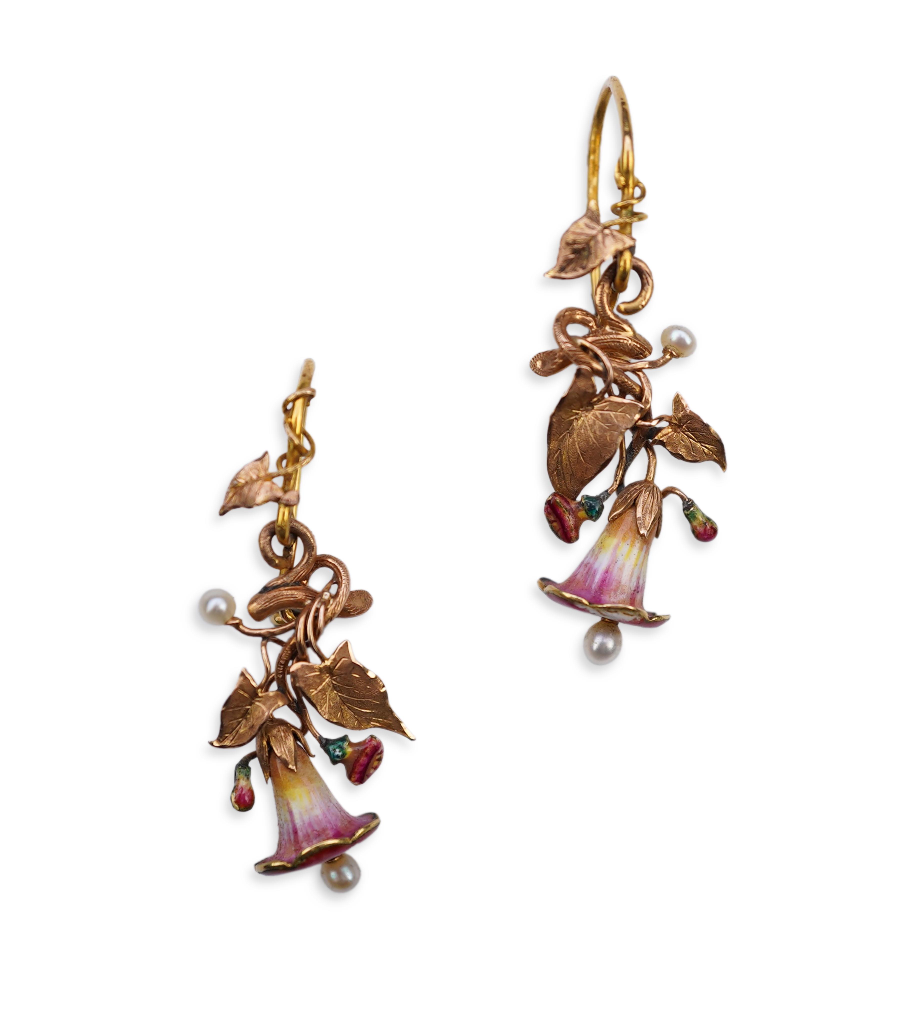 A rare pair of naturalistic gold, enamel and seed pearl earrings, circa 1850